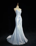 Beautiful Spaghetti Strap Mermaid Glitter Satin Long Formal Prom Backless Applique Formal Evening Gown Simple Wedding Dresses