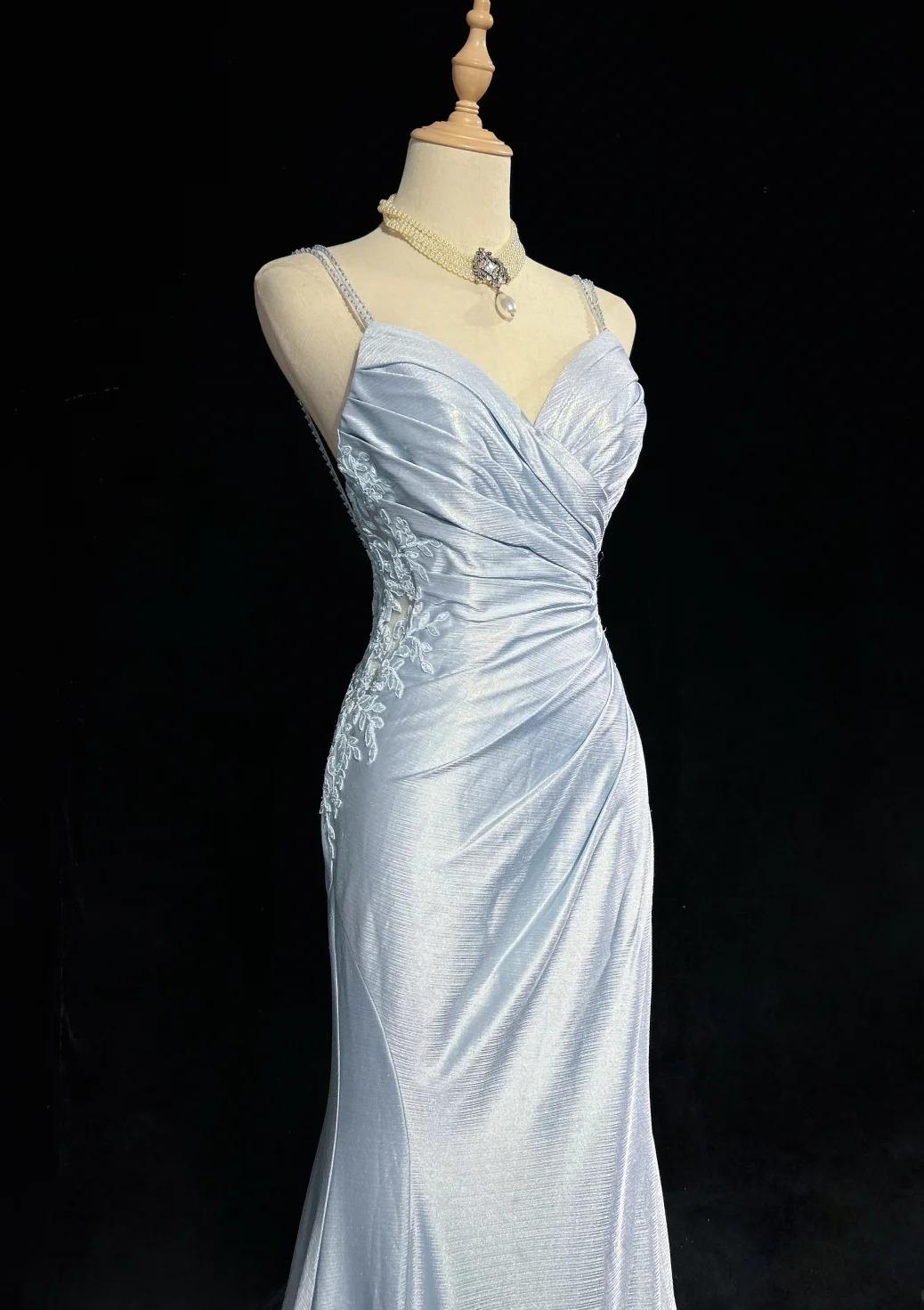 Beautiful Spaghetti Strap Mermaid Glitter Satin Long Formal Prom Backless Applique Formal Evening Gown Simple Wedding Dresses