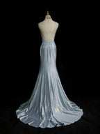 Beautiful Spaghetti Strap Mermaid Glitter Satin Long Formal Prom Backless Applique Formal Evening Gown Simple Wedding Dresses