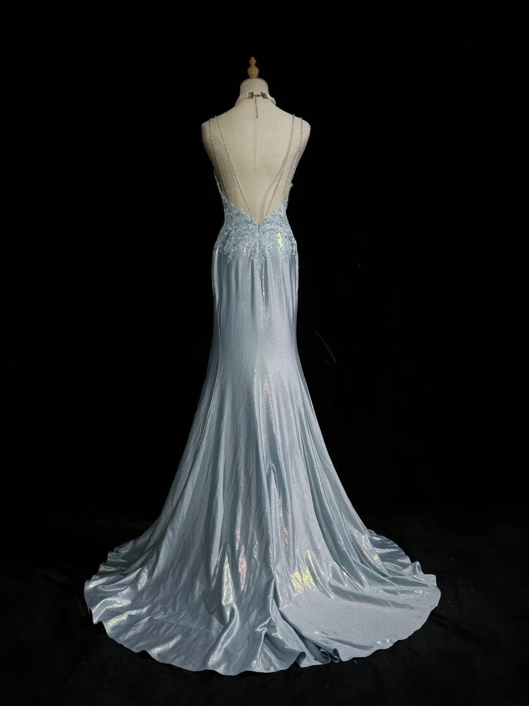 Beautiful Spaghetti Strap Mermaid Glitter Satin Long Formal Prom Backless Applique Formal Evening Gown Simple Wedding Dresses