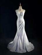 Beautiful Spaghetti Strap Mermaid Glitter Satin Long Formal Prom Backless Applique Formal Evening Gown Simple Wedding Dresses