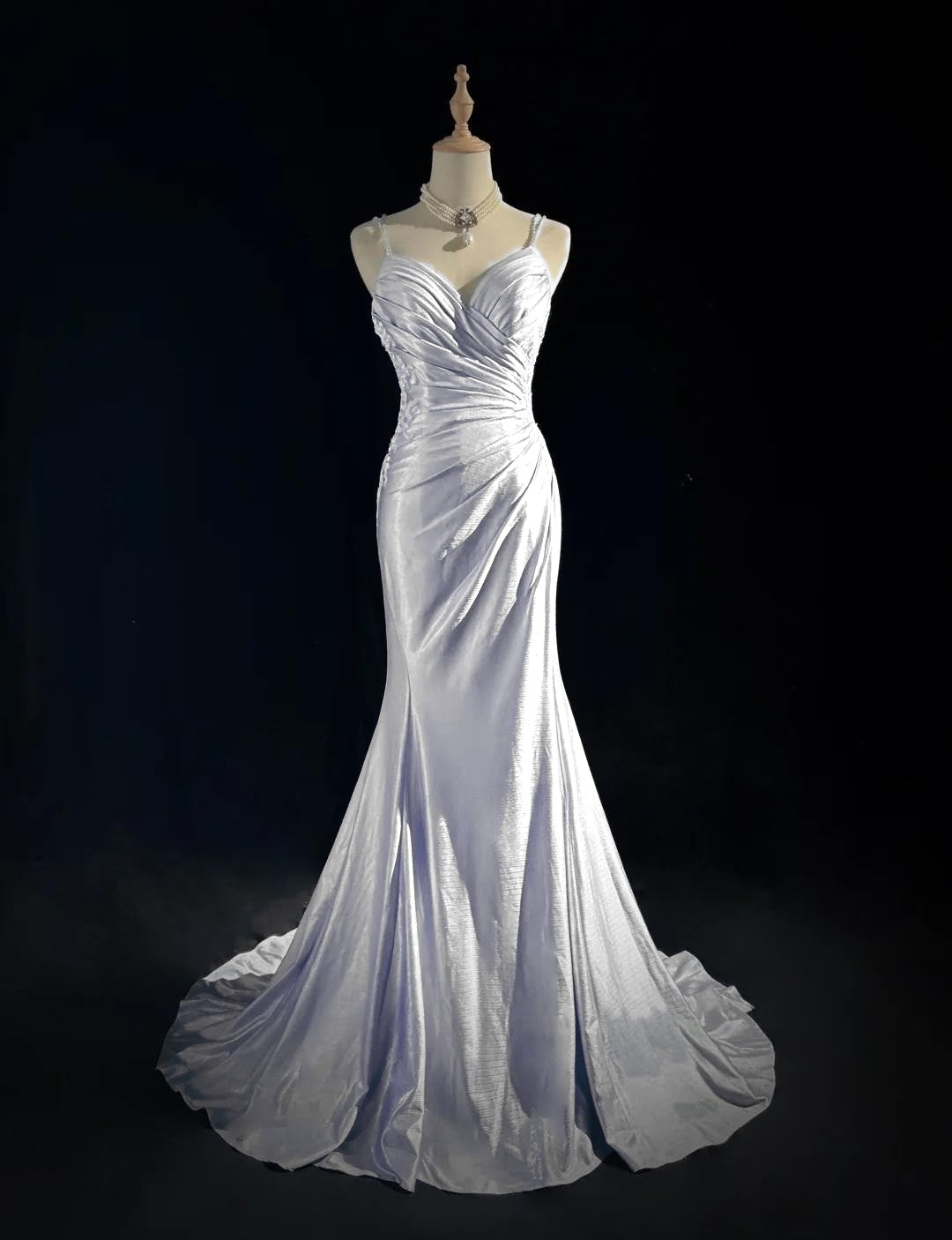 Beautiful Spaghetti Strap Mermaid Glitter Satin Long Formal Prom Backless Applique Formal Evening Gown Simple Wedding Dresses