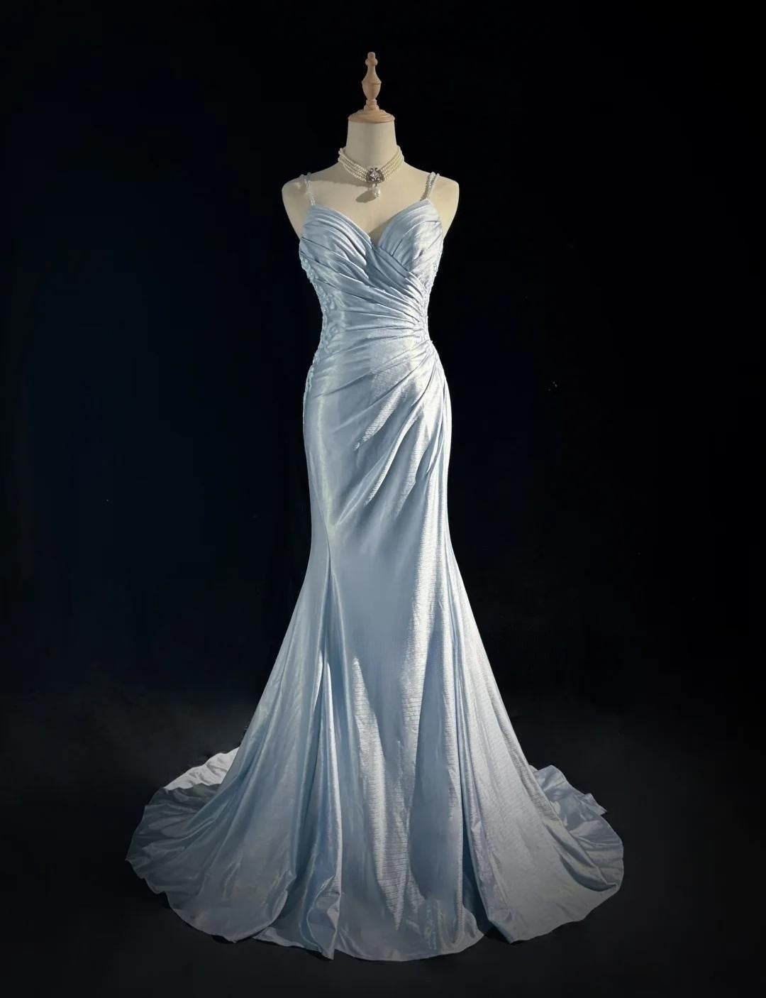 Beautiful Spaghetti Strap Mermaid Glitter Satin Long Formal Prom Backless Applique Formal Evening Gown Simple Wedding Dresses Main image
