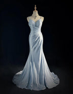 Beautiful Spaghetti Strap Mermaid Glitter Satin Long Formal Prom Backless Applique Formal Evening Gown Simple Wedding Dresses