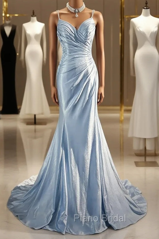 Beautiful Spaghetti Strap Mermaid Glitter Satin Long Formal Prom Backless Applique Evening Gown Simple Wedding Dresses Main image