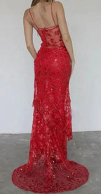 Beautiful Spaghetti Straps Birthday Party Dresses Red Lace Formal Prom Dresses