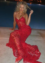 Beautiful Spaghetti Straps Birthday Party Dresses Red Lace Formal Prom Dresses