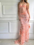 Beautiful Spaghetti Straps Birthday Party Dresses Red Lace Formal Prom Dresses