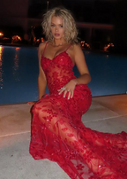Beautiful Spaghetti Straps Birthday Party Dresses Red Lace Formal Prom Dresses