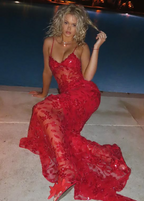Beautiful Spaghetti Straps Birthday Party Dresses Red Lace Formal Prom Dresses
