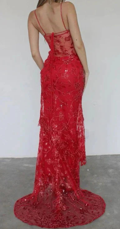 Beautiful Spaghetti Straps Birthday Party Dresses Red Lace Formal Prom Dresses