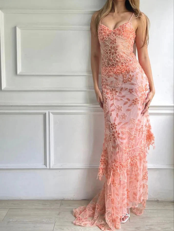 Beautiful Spaghetti Straps Birthday Party Dresses Red Lace Formal Prom Dresses