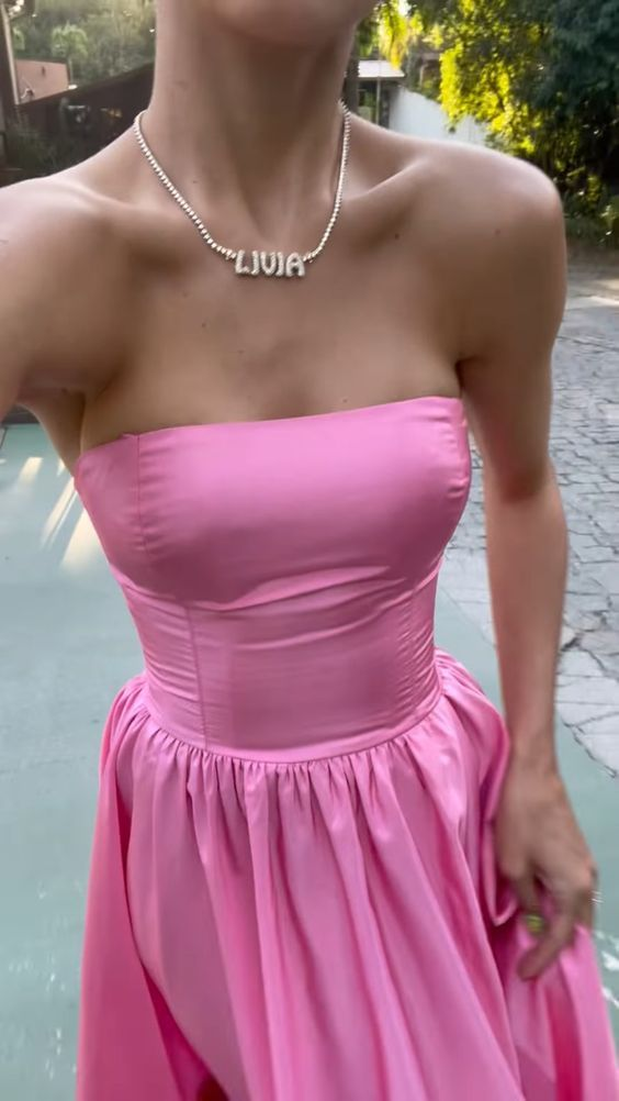 Classic Pink A-Line Strapless Side Slit Long Party Formal Prom Dresses Secondary image