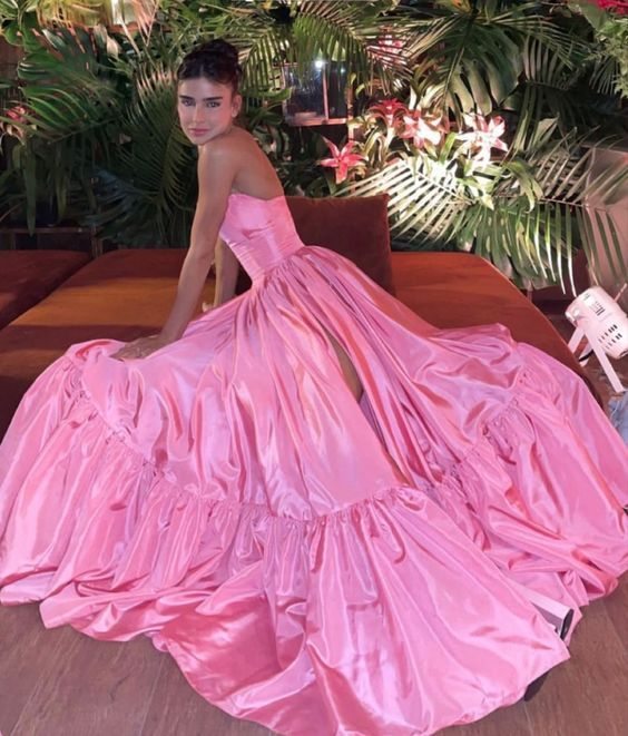 Classic Pink A-Line Strapless Side Slit Long Party Formal Prom Dresses