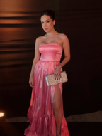 Classic Pink A-Line Strapless Side Slit Long Party Formal Prom Dresses