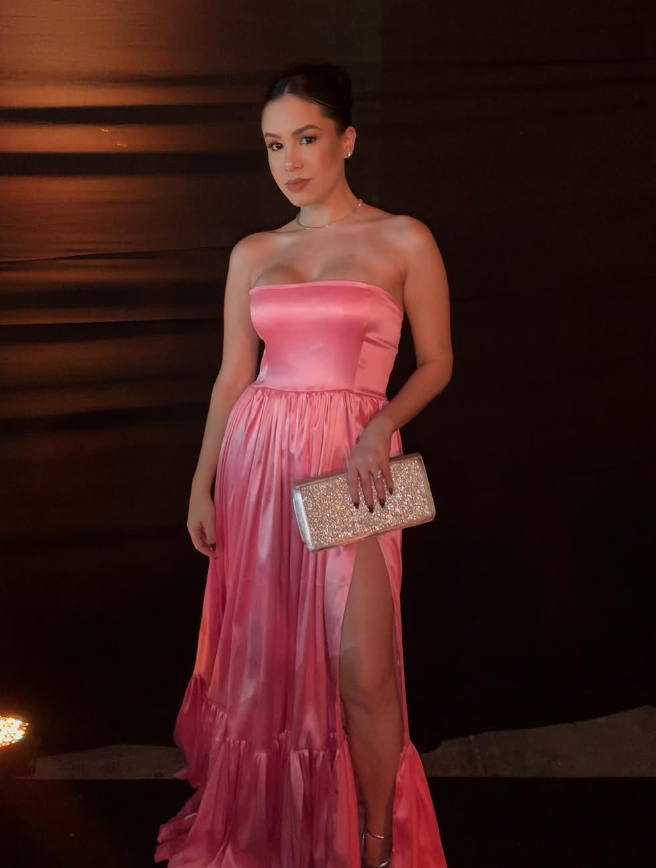 Classic Pink A-Line Strapless Side Slit Long Party Formal Prom Dresses