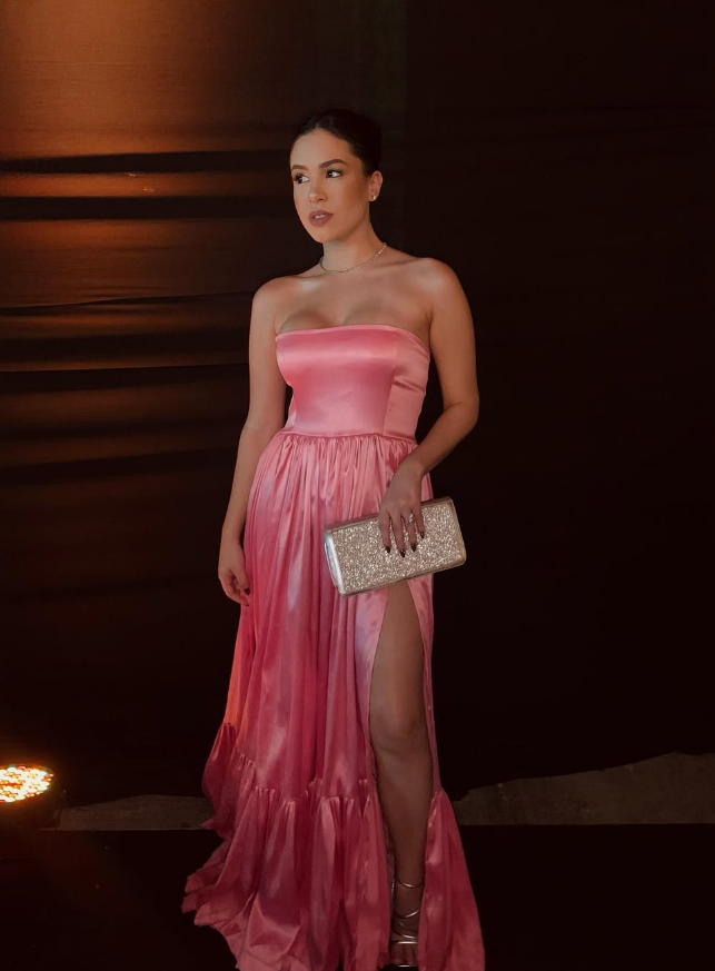 Classic Pink A-Line Strapless Side Slit Long Party Formal Prom Dresses
