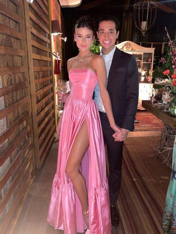 Classic Pink A-Line Strapless Side Slit Long Party Formal Prom Dresses