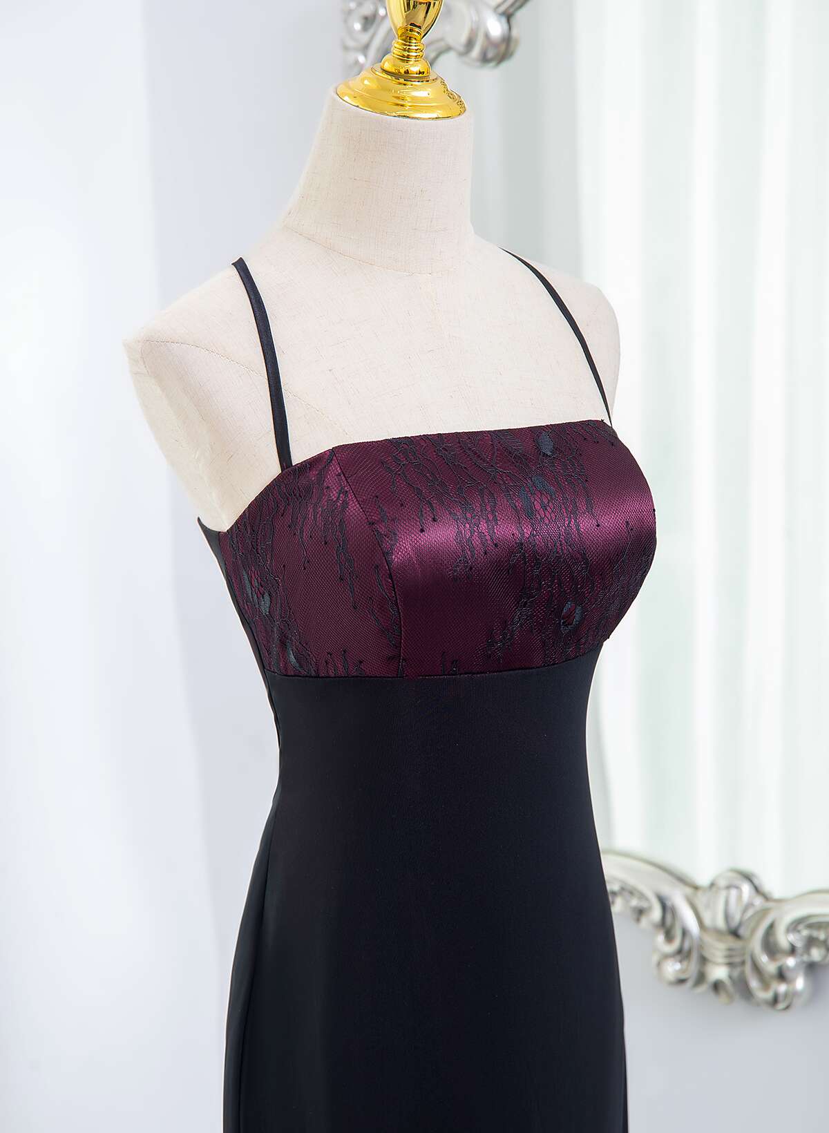 Beautiful Straps Spandex And Lace Formal Evening Dresses, Black And Burgundy Formal Prom Dresses