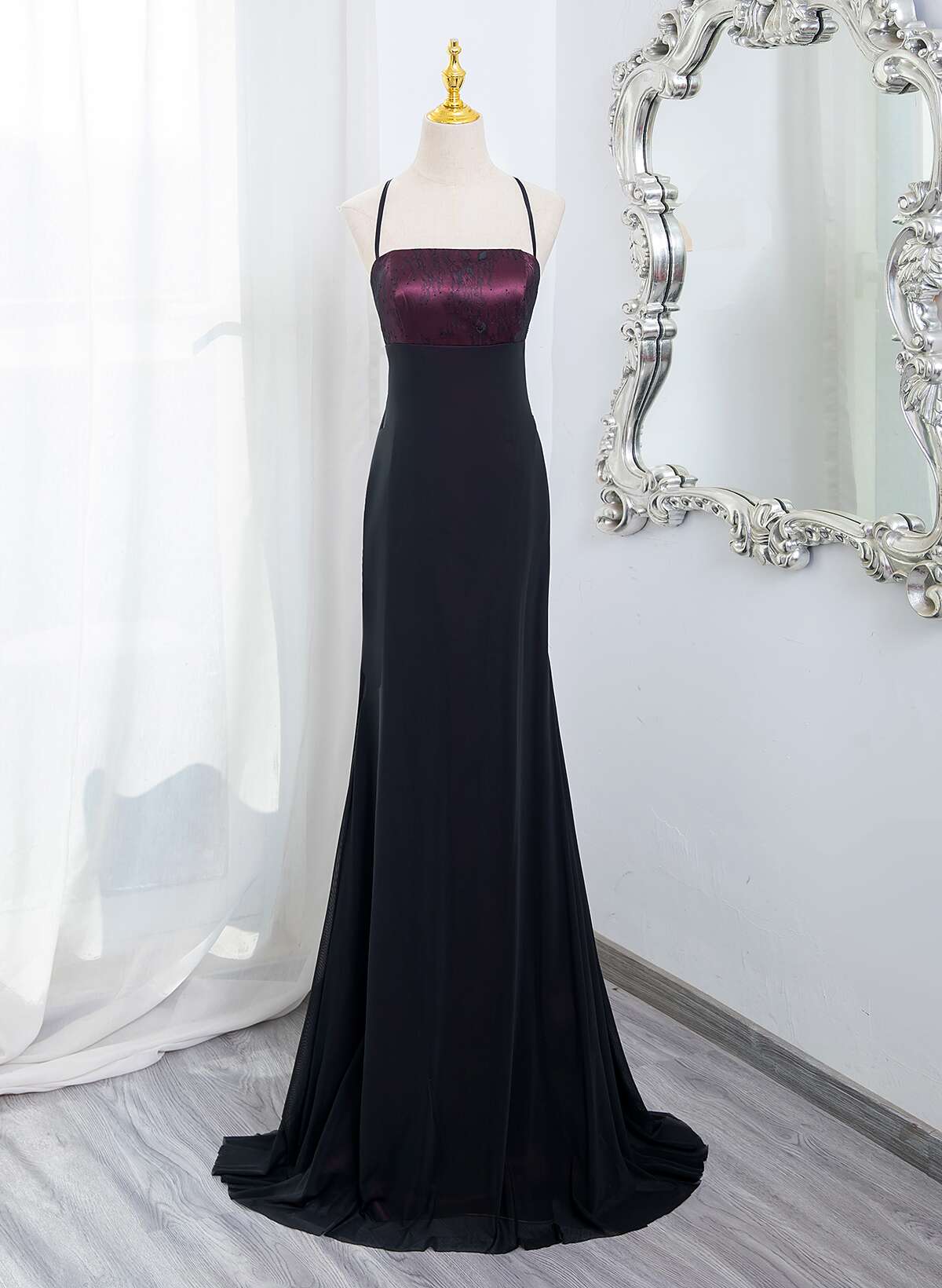 Beautiful Straps Spandex And Lace Formal Evening Dresses, Black And Burgundy Formal Prom Dresses