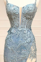 Beautiful Tiffany Blue Spaghetti Straps Tulle Applique Long Formal Prom Dresses Sequined Formal Dresses With Slits