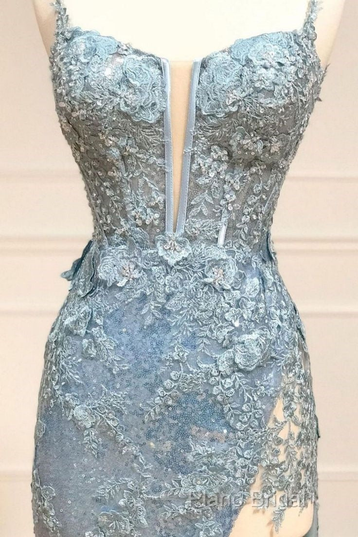 Beautiful Tiffany Blue Spaghetti Straps Tulle Applique Long Formal Prom Dresses Sequined Formal Dresses With Slits