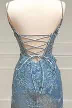 Beautiful Tiffany Blue Spaghetti Straps Tulle Applique Long Formal Prom Dresses Sequined Formal Dresses With Slits