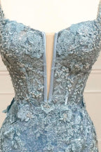 Beautiful Tiffany Blue Spaghetti Straps Tulle Applique Long Formal Prom Dresses Sequined Formal Dresses With Slits
