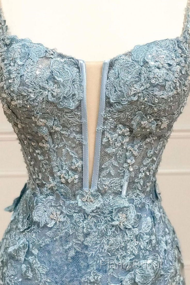 Beautiful Tiffany Blue Spaghetti Straps Tulle Applique Long Formal Prom Dresses Sequined Formal Dresses With Slits