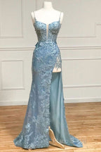 Beautiful Tiffany Blue Spaghetti Straps Tulle Applique Long Formal Prom Dresses Sequined Formal Dresses With Slits