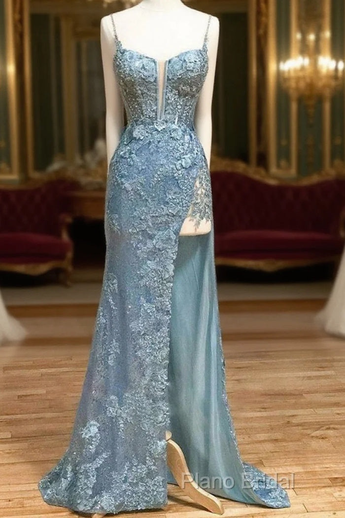 Beautiful Tiffany Blue Spaghetti Straps Tulle Applique Long Formal Prom Dresses Sequined Formal Dresses With Slits Main image
