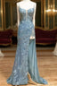 Beautiful Tiffany Blue Spaghetti Straps Tulle Applique Long Formal Prom Dresses Sequined Formal Dresses With Slits