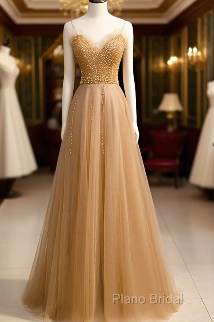 Beautiful Tulle Beaded Sweetheart Party Dresses, A-Line Tulle Floor Length Formal Prom Dresses Main image