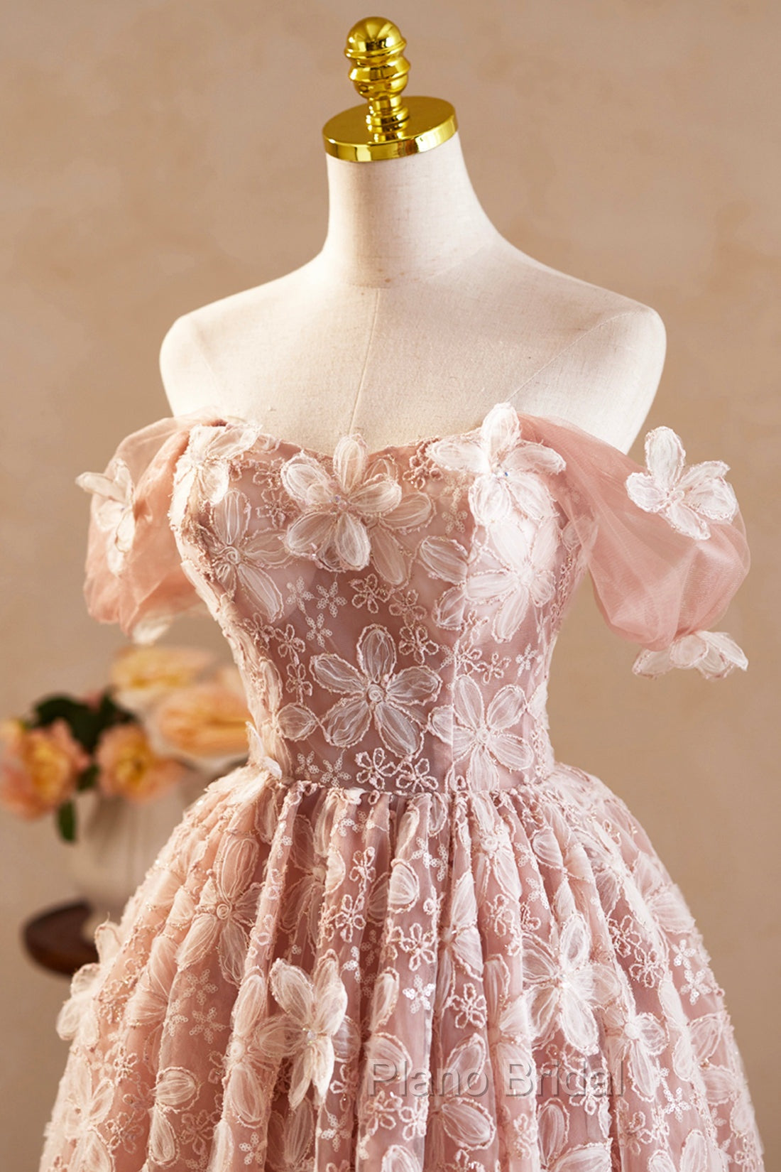 Beautiful Tulle Flower Knee Length Formal Prom Dresses, Off the Shoulder Short Sleeve Evening Party Dresses Secondary image