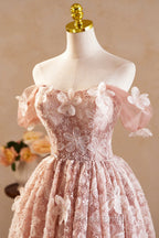 Beautiful Tulle Flower Knee Length Formal Prom Dresses, Off the Shoulder Short Sleeve Evening Party Dresses