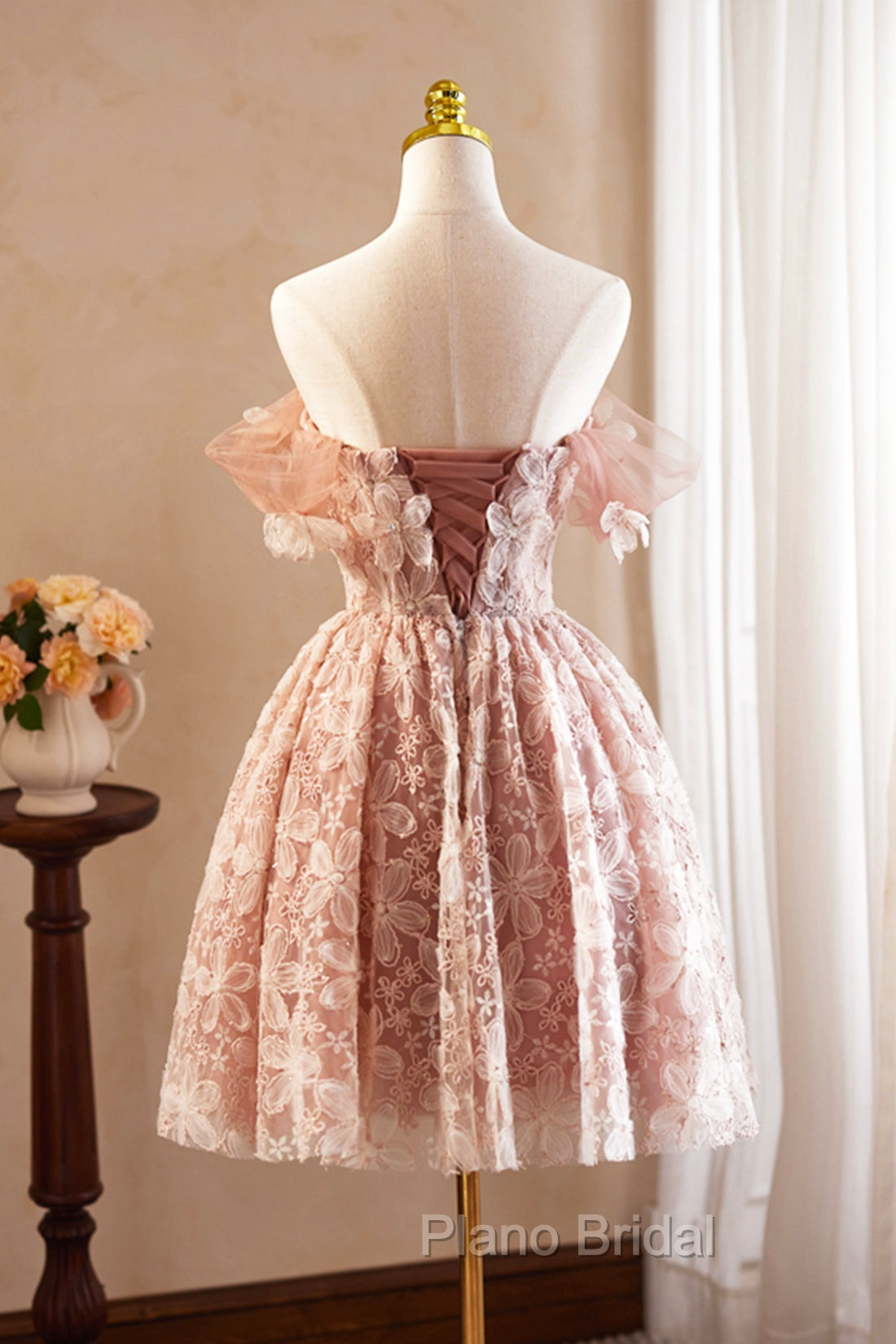 Beautiful Tulle Flower Knee Length Formal Prom Dresses, Off the Shoulder Short Sleeve Evening Party Dresses