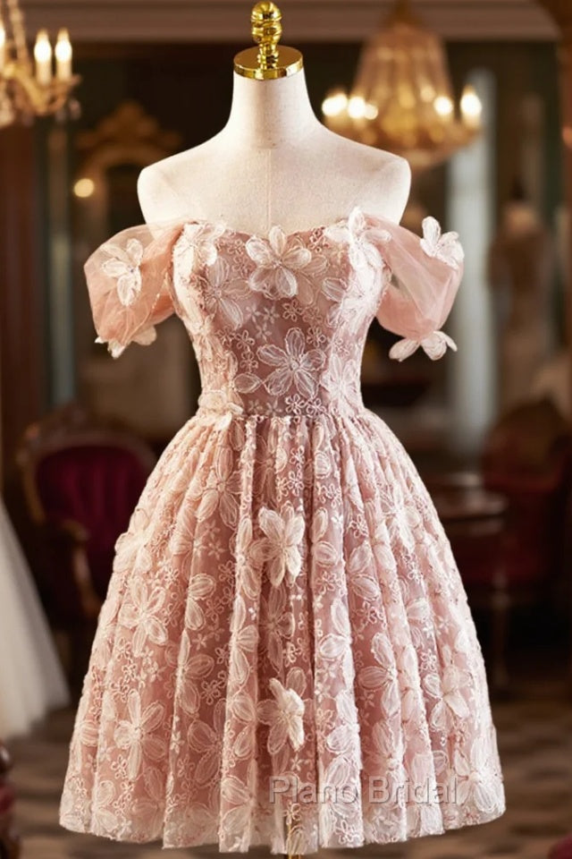 Beautiful Tulle Flower Knee Length Formal Prom Dresses, Off the Shoulder Short Sleeve Evening Party Dresses Main image