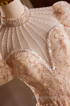 Beautiful Tulle Flower Tea Length Formal Prom Dresses, Off the Shoulder Short Sleeve Evening Party Dresses