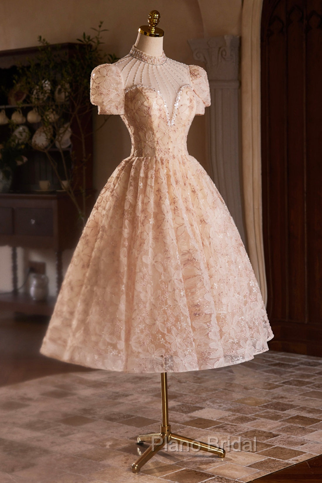 Beautiful Tulle Flower Tea Length Formal Prom Dresses, Off the Shoulder Short Sleeve Evening Party Dresses