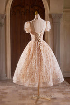 Beautiful Tulle Flower Tea Length Formal Prom Dresses, Off the Shoulder Short Sleeve Evening Party Dresses