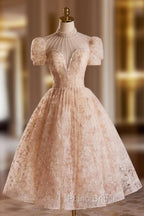 Beautiful Tulle Flower Tea Length Formal Prom Dresses, Off the Shoulder Short Sleeve Evening Party Dresses