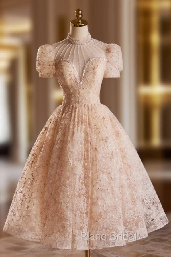 Beautiful Tulle Flower Tea Length Formal Prom Dresses, Off the Shoulder Short Sleeve Evening Party Dresses