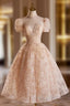 Beautiful Tulle Flower Tea Length Formal Prom Dresses, Off the Shoulder Short Sleeve Evening Party Dresses
