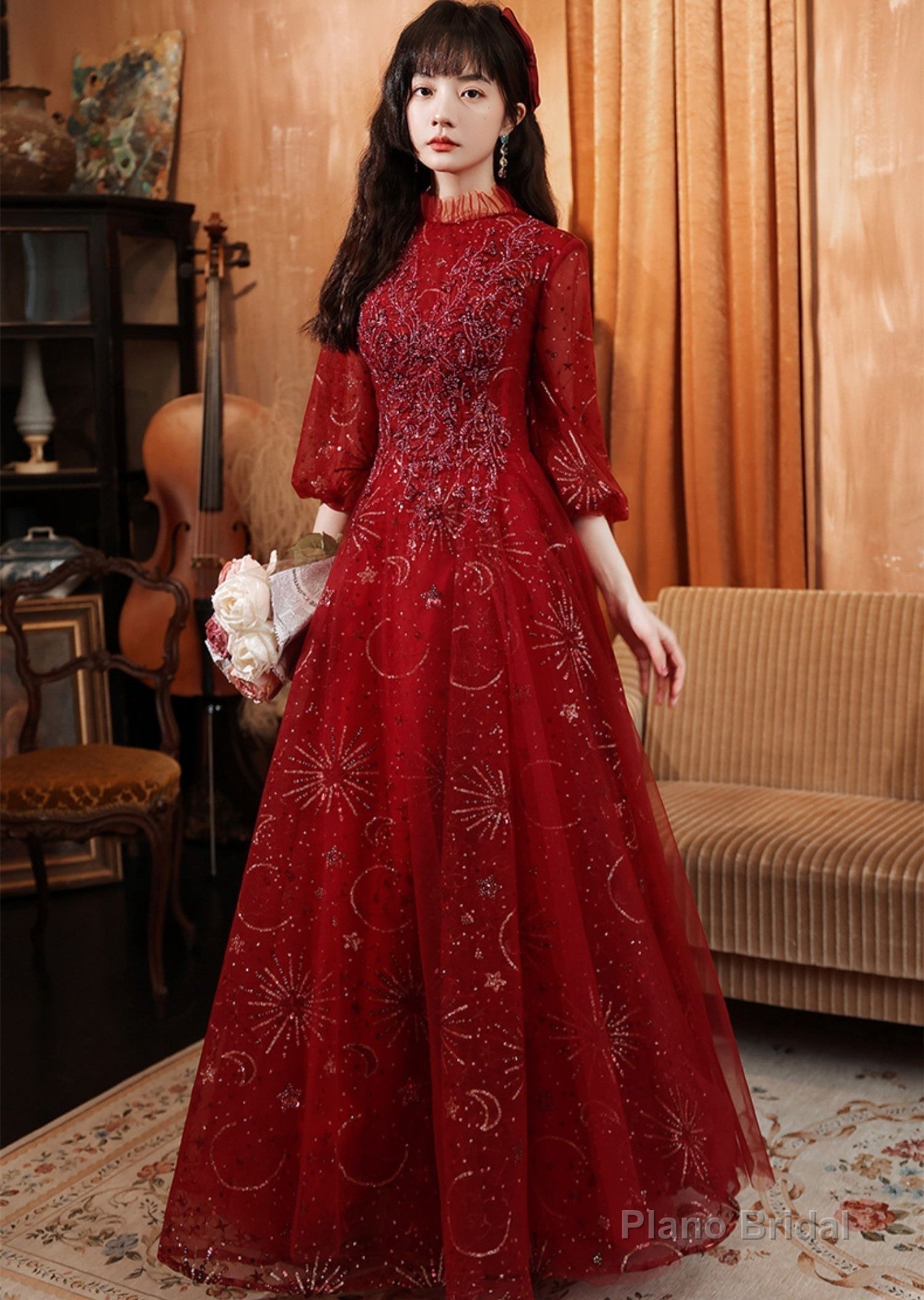Beautiful Tulle Puffy Sleeves Long Party Dress, Wine Red Long Prom Dress Evening Dress Secondary image