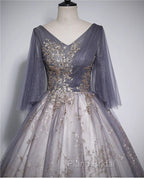 Beautiful Tulle V-neckline Long Formal Dresses, Tulle Lace Applique Party Dresses