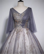 Beautiful Tulle V-neckline Long Formal Dresses, Tulle Lace Applique Party Dresses