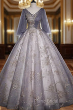 Beautiful Tulle V-neckline Long Formal Dresses, Tulle Lace Applique Party Dresses