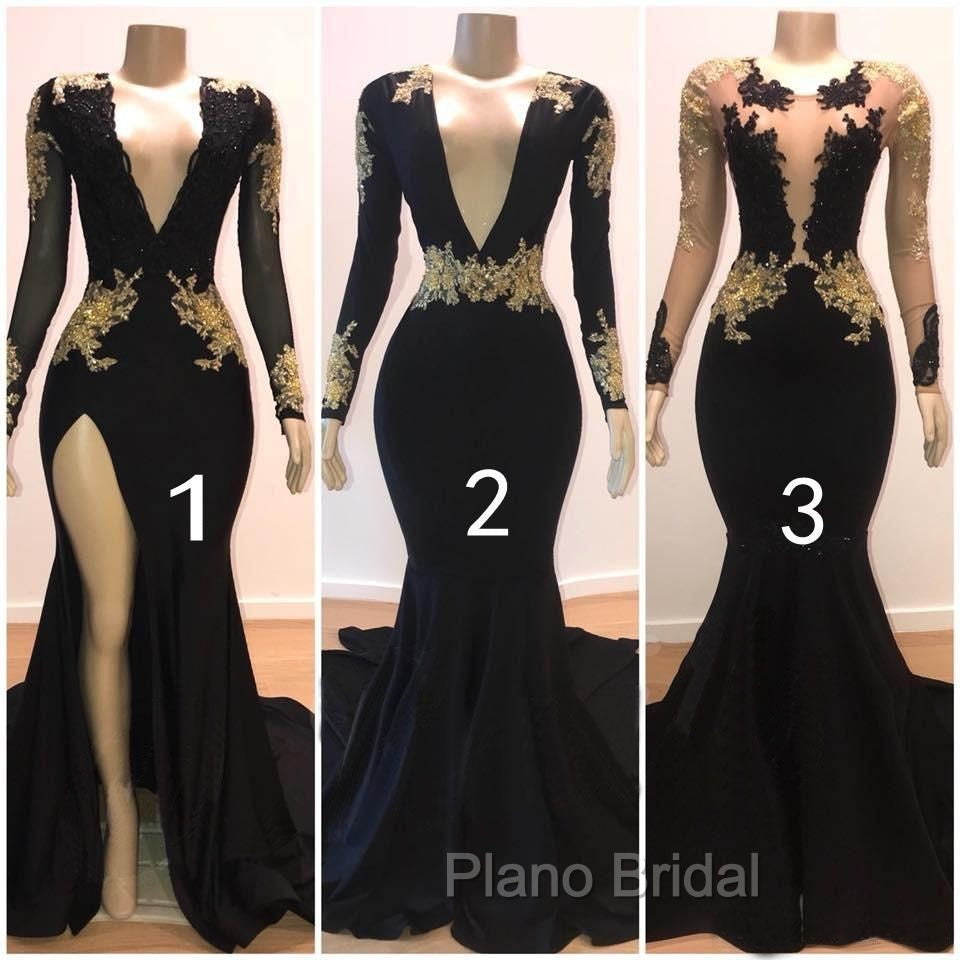 Beautiful V-Neck Long Sleevess Appliques Mermaid Floor-Length Formal Prom Dresses