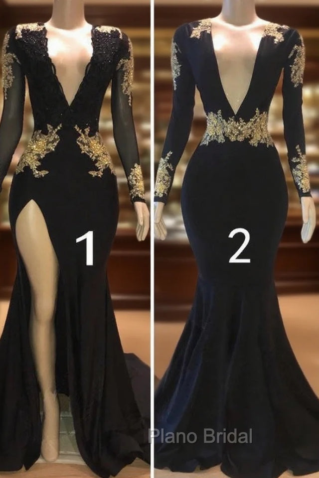 Beautiful V-Neck Long Sleevess Appliques Mermaid Floor-Length Formal Prom Dresses
