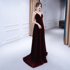 Beautiful V-Neckline Straps Wine Red Velvet Formal Prom Dresses, Long Party Dresses